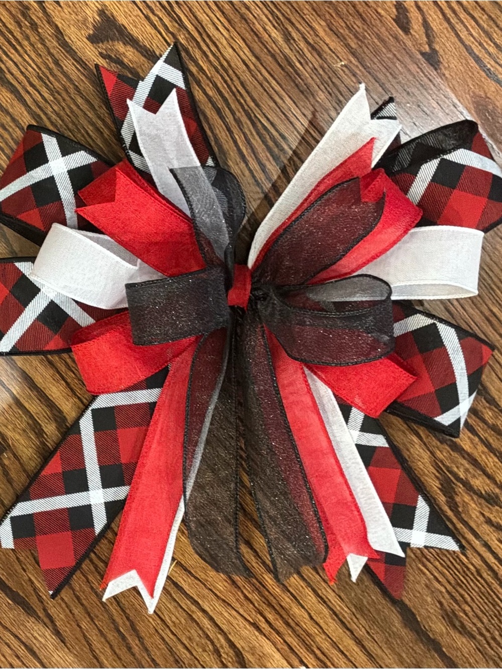 Festive Red & Black Buffalo Plaid Wreath Bow with White and Black Accents